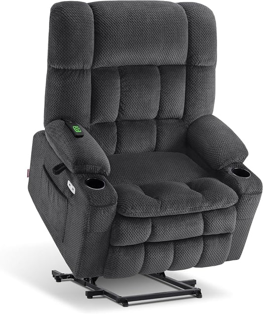 MCombo Oversized Power Lift Recliner Chair for Elderly, Dual Motor Lift Chair with Heat and Massage, Lay Flat Lift Chair for Big and Tall, Cup Holders, Fabric R7891 (Large-Wide, Dark Gray)