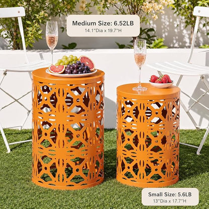 HFHOME Set of 3 Metal Outdoor Side Table, Nesting Round Coffee Table for Indoor Outdoor, Heavy Duty End Tables Plant Stand Living Room Garden Stool - Orange