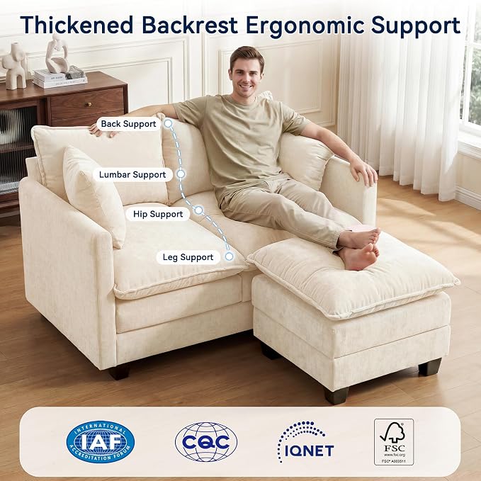 L-Shape Loveseat Sofa Couch with Ottoman, Small 50" Love Seat 27" Deep Cloud Sofa Washable Chenille Pillow for Apartment Bedroom Dorm Attic Studio Office Living Room Small Space 8833-BEIGE-L-1