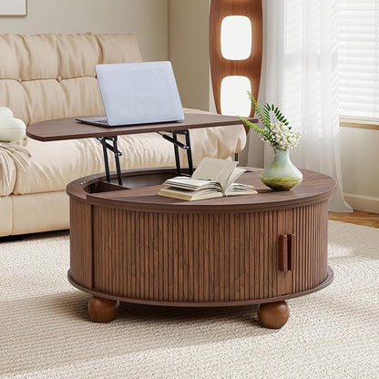 Round Lift Top Coffee Table with Hidden Storage, 33.5'' Mid-Century Modern Fluted Coffee Table with Sliding Tambour Door & Solid Wood Legs, Circle Center Table for Living Room, Small Space (Walnut)
