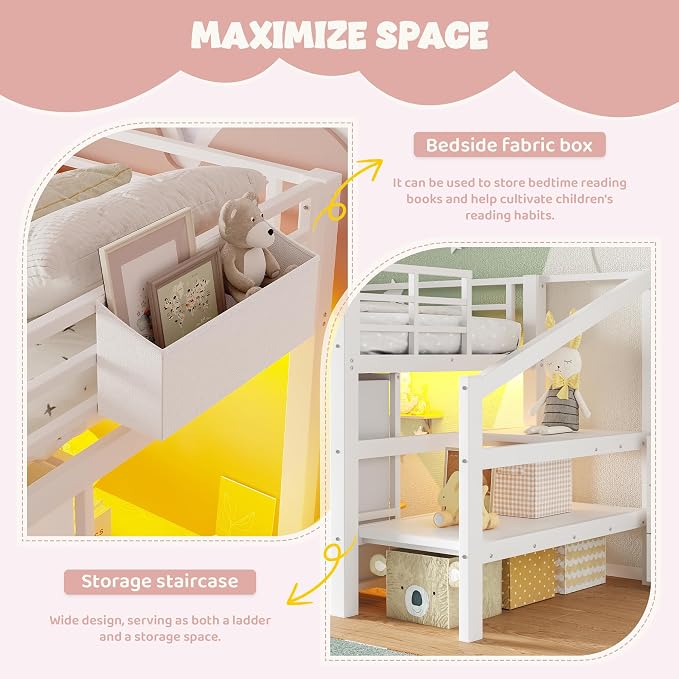 Bellemave Twin Size Low Loft Bed with 9 Fabric Storage Drawers for Kids,Metal Loft Bed Frame with Stairs and LED Lights for Boys Girls,Kids Loft Bed Twin Size,White