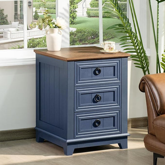 Joaxswe 18" Farmhouse Night Stand with 3 Drawers, Wood End Table Dresser for Bedroom, Navy Blue Nightstand, Bed Side Table with Metal Handle, Bedside Cabinet for Bedroom Living Room, Closet
