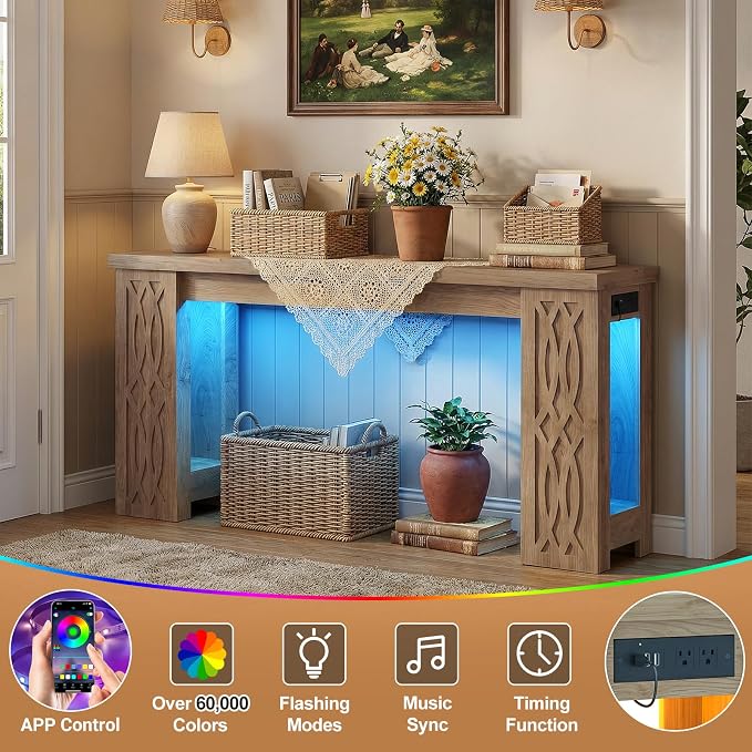 Cyclysio 63" Console Table with Outlet, Farmhouse Entryway Table with Colorful LED Lights, Wooden Sofa Table with Unique Carved Design, Foyer Accent Table for Entrance, Hallway, Living Room Natural
