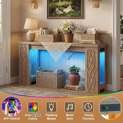 Cyclysio 63" Console Table with Outlet, Farmhouse Entryway Table with Colorful LED Lights, Wooden Sofa Table with Unique Carved Design, Foyer Accent Table for Entrance, Hallway, Living Room Natural