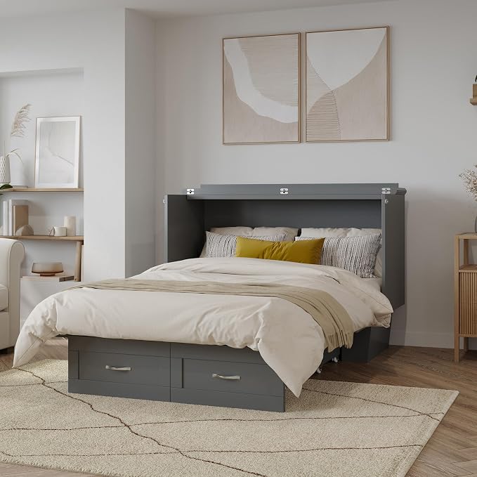 AFI, Monroe Full Murphy Bed Chest with 6" Mattress, Storage Drawer & Built-in USB Charger, Grey