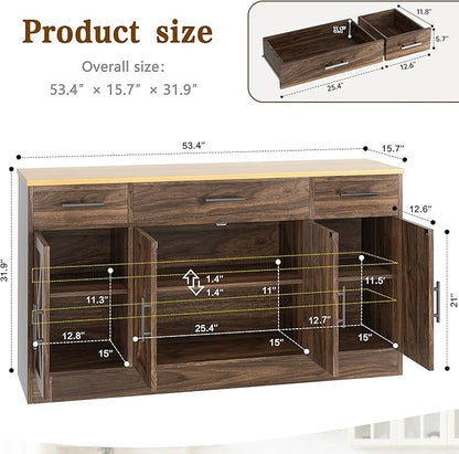 Vongrasig Buffet Cabinet with Drawers, 53” Large Sideboard Buffet Kitchen Storage Cabinet, Modern Farmhouse Coffee Bar with Shelves and Doors, Wood Buffet Table for Kitchen, Dining Room, Rustic Brown
