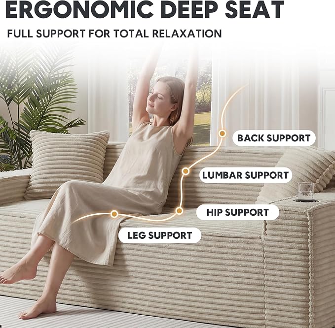 Boneless Sectional Sofa Couch with Cup Holders & Side Pockets, Modern Corduroy Fabric Deep Seat 3-seat Cloud Couch for Living Room Office, No Assembly (Camel)