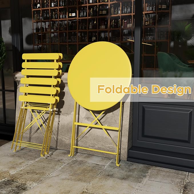 3-Piece Folding Bistro Set, 2 Chairs and 1 Table, Weather-Resistant Outdoor/Indoor Conversation Set with Heavy-Duty Powder-Coated Steel Frame for Patio, Yard, Garden (Yellow)
