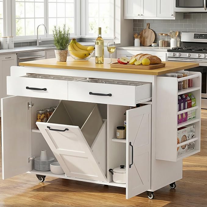 YESHOMY Kitchen Island on Wheels with Trash Cabinet, 56" Mobile Cart with Drop Leaf and Drawers, Rolling Portable Table with Spice Rack & Towel Holder for Dining Room, White & Oak