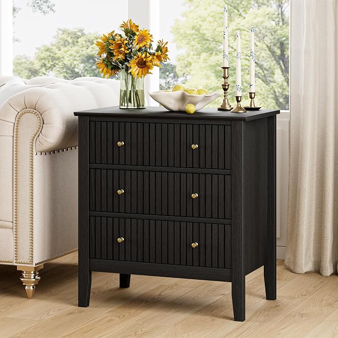 Night Stand, Fluted 3 Drawer Wide Farmhouse Nightstand with Gold Handle, Modern Wooden Bedside End Table for Bedroom, Living Room, Black