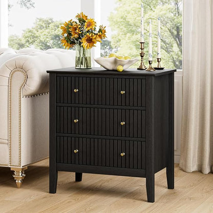 Night Stand, Fluted 3 Drawer Wide Farmhouse Nightstand with Gold Handle, Modern Wooden Bedside End Table for Bedroom, Living Room, Black