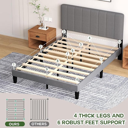Queen Size Bed Frame with Headboard, Platform Bed with Soft Velvet Upholstered Headboard | Wooden Slats Support | Adjustable Height | No Box Spring Needed, Queen Bed Frame Grey