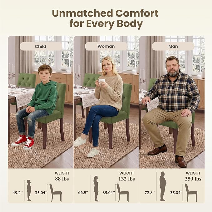Upholstered Dining Chairs Set of 4 - Modern Parsons Kitchen & Dining Room Chair with Diamond Tufted Back, Solid Wooden Legs for Apartment, Café, Vanity