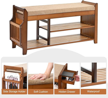 PETKABOO Shoe Bench with Hidden Drawer and Side Holder, 2 Tier Entryway Bench with Storage 39.4 in, Bamboo Shoe Rack with Cushion for Entryway Hallway Living Room Bedroom