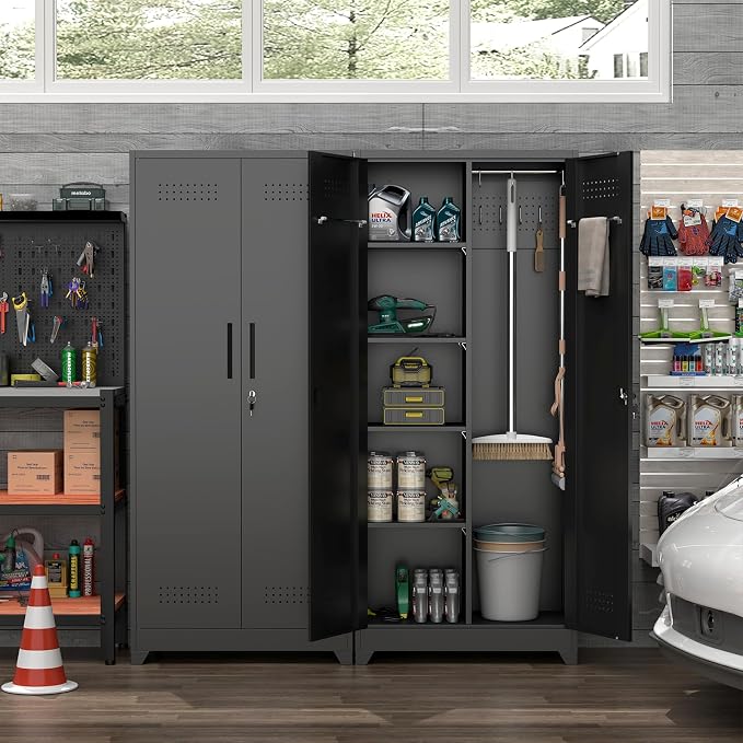 72.8" H Metal Broom Closet Storage Cabinet, Garage Storage Cabinet with Pegboard & Hanging Rod Hooks for Garage Home,Black