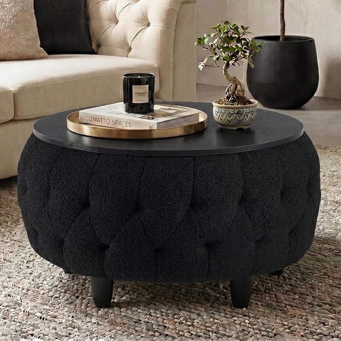 Large Round Storage Ottoman Coffee Table with Wooden Tabletop, 32 Inches Teddy Fleece Tufted Ottoman for Living Room, Bedroom, Apartments (Black)