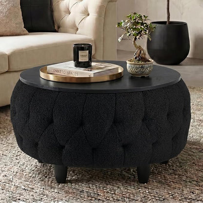 Large Round Storage Ottoman Coffee Table with Wooden Tabletop, 32 Inches Teddy Fleece Tufted Ottoman for Living Room, Bedroom, Apartments (Black)