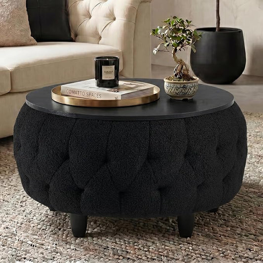 Large Round Storage Ottoman Coffee Table with Wooden Tabletop, 32 Inches Teddy Fleece Tufted Ottoman for Living Room, Bedroom, Apartments (Black)