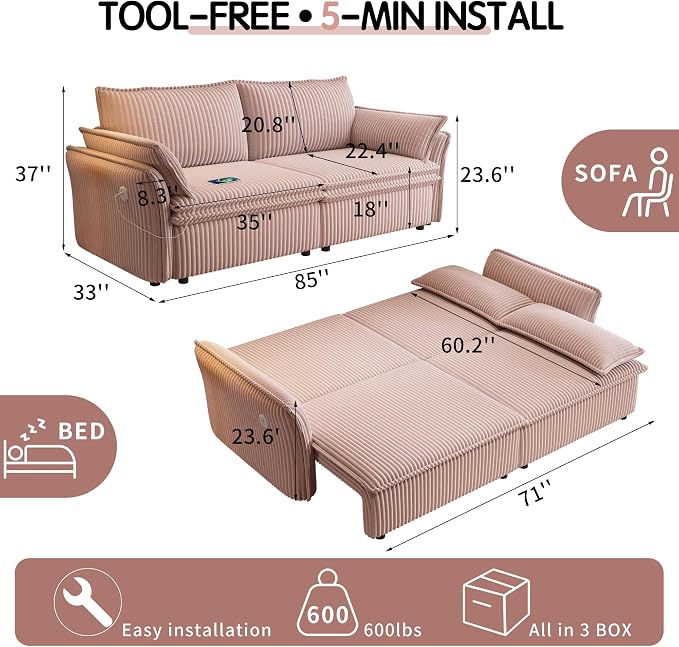85'' Sofa Bed Full Size, Tool-Free Assembly, 3 in 1 Convertable Sleeper Sofa, Corduroy Couches with Pull Out Bed, USB & Storage, Modern Loveseat for Small Space, Living Room, Corduroy Pink