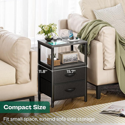 Huuger Nightstands Set of 2, End Tables with Charging Station, Side Tables with Fabric Drawers, Bedside Tables with USB Ports and Outlets, Night Stands for Bedroom, Charcoal Gray