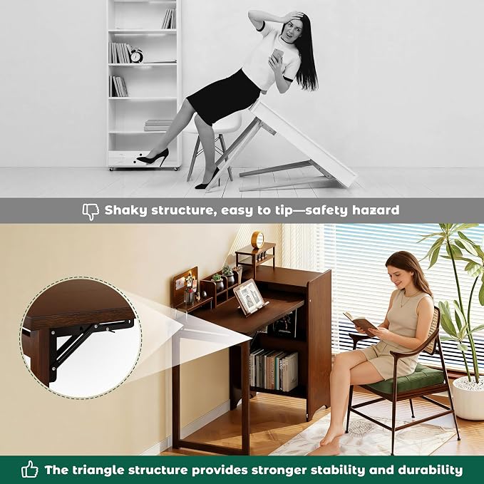 HDDFER Bamboo Folding Desk for Small Spaces,Hidden Desk with Storage Shelf, Foldable Computer Desk for Bedroom Home Office, Mid Century Modern Fold Out Table Writing Table, Walnut