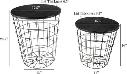 End Tables Set of 2 - Nesting Tables with Removable Wood Tops and Metal Basket Bases for Blanket Storage - Round Side Pieces for Living Room, Bedroom, or Home Office by Lavish Home (Black)