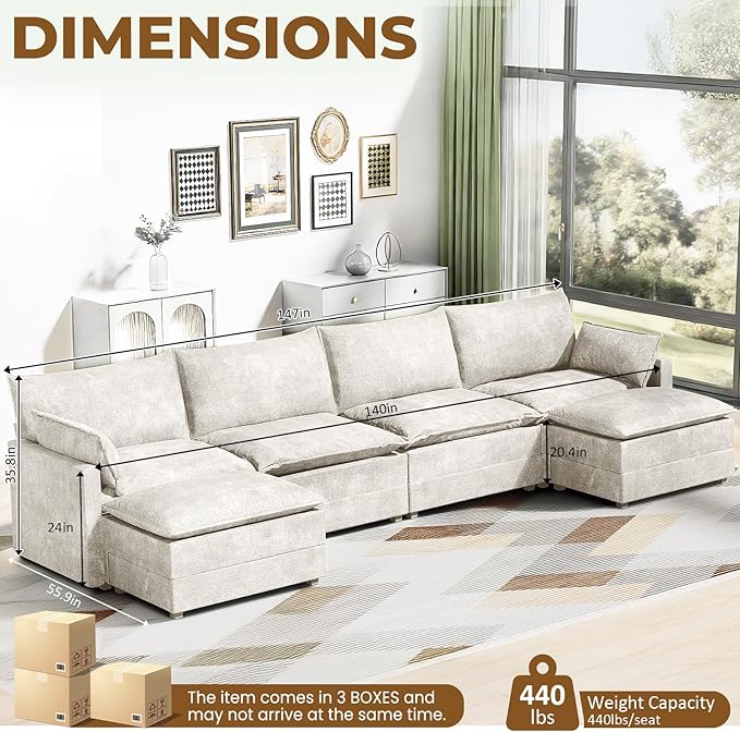 LEVELEVE 147" U-Shape Modular Sofa with 2 Ottomans, Deep Seat Cloud Convertible Sleeper, 2 Arm Pillows, Comfortable Large Upholstered Furniture for Living Room Apartment, Beige