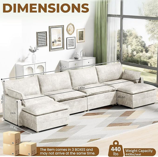 LEVELEVE 147" U-Shape Modular Sofa with 2 Ottomans, Deep Seat Cloud Convertible Sleeper, 2 Arm Pillows, Comfortable Large Upholstered Furniture for Living Room Apartment, Beige
