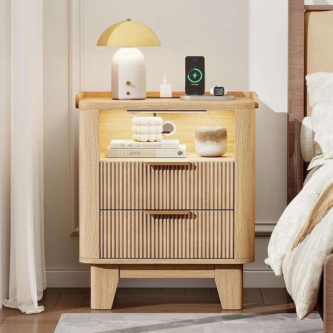 Baoz Fluted Nightstand with Charging Station & 2 Drawers, Natural Oak | 20" Wide Mid Century Modern Bedside Table with Light Wood Curved Profile 27in Tall LED Night Stand for Bedroom