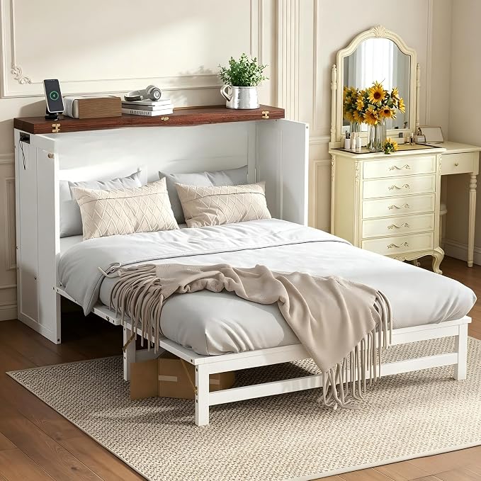 PVWIIK Full Size Murphy Bed with Storage Drawer and UPB,Solid Pine Cabinet Bedframe for Home Office, Guest Room,Multifunctional Bed,White&Walnut