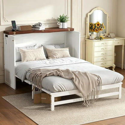PVWIIK Full Size Murphy Bed with Storage Drawer and UPB,Solid Pine Cabinet Bedframe for Home Office, Guest Room,Multifunctional Bed,White&Walnut