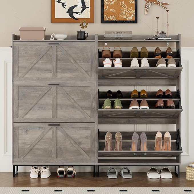 BORNOON Shoe Cabinet with 3 Flip Drawers Narrow Shoe Storage Cabinet Organizer Wooden Freestanding Shoe Rack Hidden Slim Shoes Storage Cabinet for Entryway, Hallway, Living Room, Bedroom