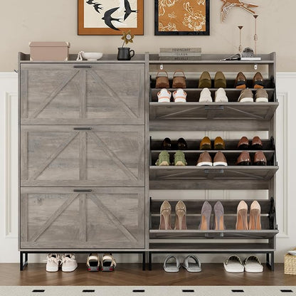 BORNOON Shoe Cabinet with 3 Flip Drawers Narrow Shoe Storage Cabinet Organizer Wooden Freestanding Shoe Rack Hidden Slim Shoes Storage Cabinet for Entryway, Hallway, Living Room, Bedroom