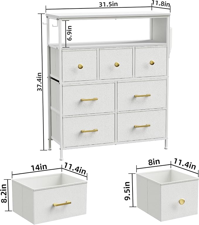 Dresser TV Stand with Power Outlets and LED Lights, 7 Drawers Dresser with Side Pocket, Fabric Chest of Drawers with PU Finish, Sturdy Frame & Wood Top (White)