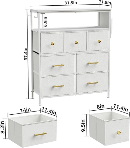 Dresser TV Stand with Power Outlets and LED Lights, 7 Drawers Dresser with Side Pocket, Fabric Chest of Drawers with PU Finish, Sturdy Frame & Wood Top (White)
