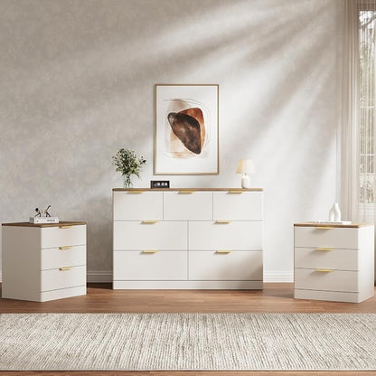 3 Pieces of Dresser and Nightstand Set,47.2" Width 7-Drawer Dresser & 3-Drawer Nightstands Set of 2 w/Gold Metal Handle, Modern Design for Bedroom,White & Brown