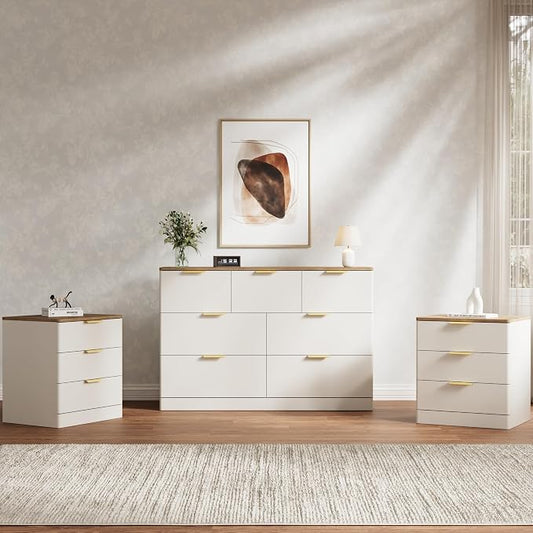 3 Pieces of Dresser and Nightstand Set,47.2" Width 7-Drawer Dresser & 3-Drawer Nightstands Set of 2 w/Gold Metal Handle, Modern Design for Bedroom,White & Brown
