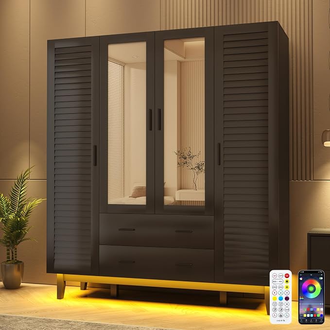 Hlivelood 4 Door Armoire Wardrobe Closet Cabinet with Drawers and LED Lights, Multi-Tier Shelves, Hanging Rod & 4 Louver Doors, Large Capacity Storage Wardrobe Armoire for Bedroom, Black