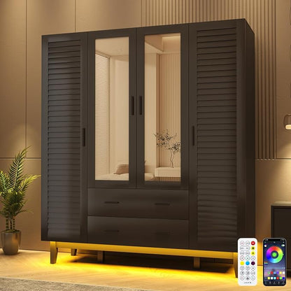 Hlivelood 4 Door Armoire Wardrobe Closet Cabinet with Drawers and LED Lights, Multi-Tier Shelves, Hanging Rod & 4 Louver Doors, Large Capacity Storage Wardrobe Armoire for Bedroom, Black