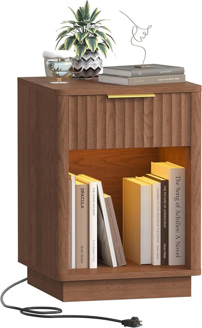 Akxomel Fluted Nightstand, Wooden Night Stand with Charging Station and LED Light, Modern Mid Century End Table with Drawer, 15" D x 15.7" W x 22.6" H, for Bedroom, Walnut