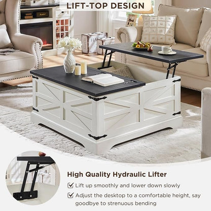 JXQTLINGMU Farmhouse Lift Top Coffee Table with Large Storage, 36" Square Wood Living Room Table with Hidden Compartment, Lift Tabletop Dining Table for Home, White
