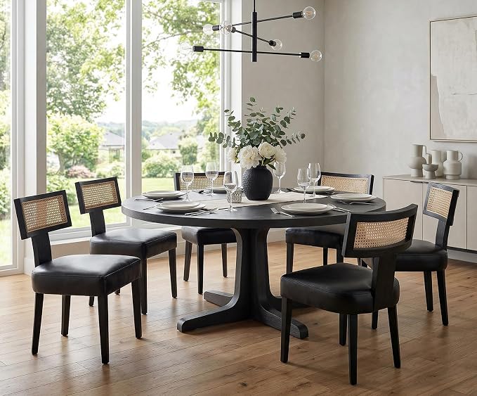 RIVOVA Rattan Dining Chairs Set of 6, Mid-Century Modern Dining Chairs, Kitchen Dining Room Chairs, Curved Cane Back Upholstered PU Leather Dining Chair with Black Wood Frame, Black