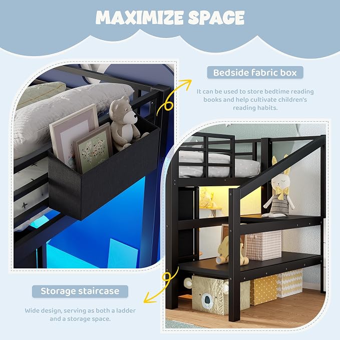 Bellemave Twin Size Low Loft Bed with 9 Fabric Storage Drawers for Kids,Metal Loft Bed Frame with Stairs and LED Lights for Boys Girls,Kids Loft Bed Twin Size,Black