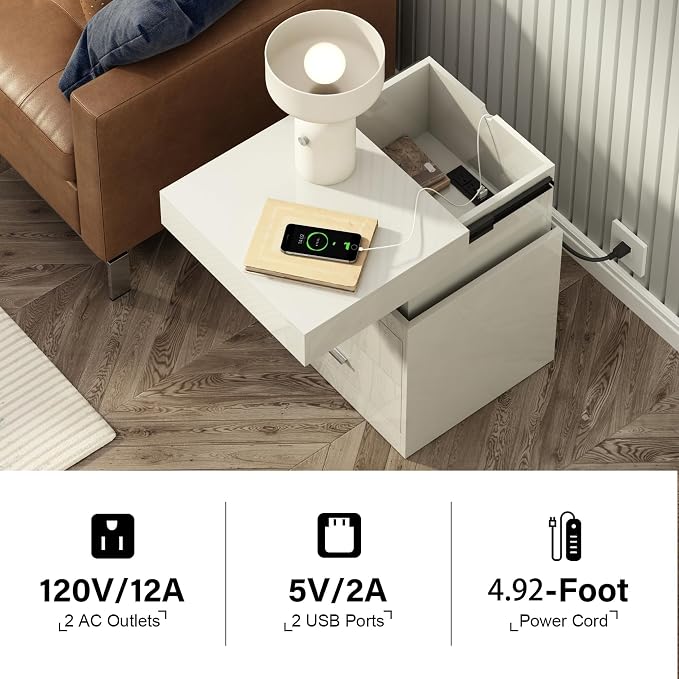 ChooChoo LED Nightstand Set of 2,Smart Night Standwith Charging Station and Sliding Top Storage, White