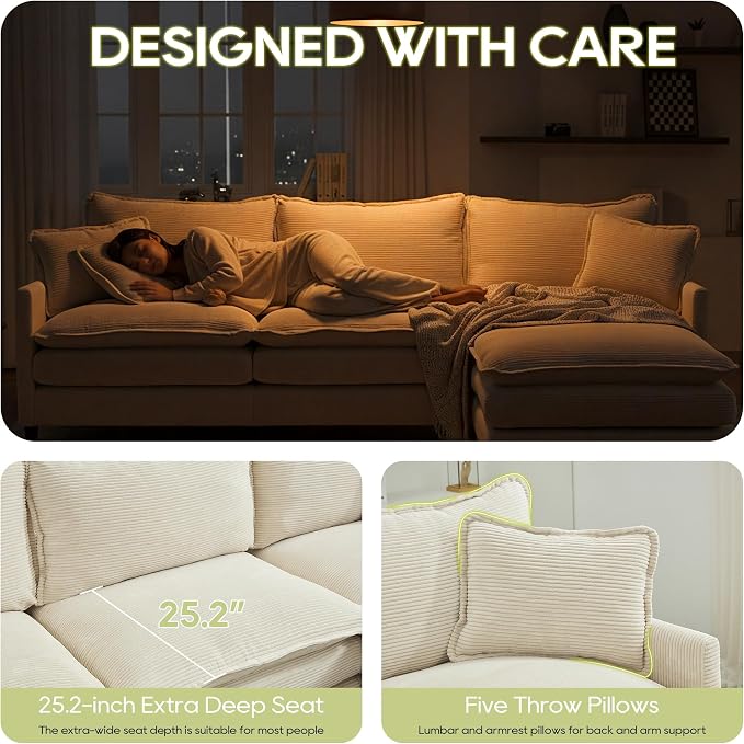 113" Chenille Modular Sectional Sofa, Convertible L Shaped Modular Sofa Comfy Cloud Couch with Ottoman, Side Pockets and 5 Throw Pillows for Living Room (Corduroy White, 113'' - 4 Seat)