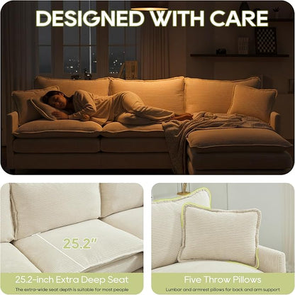 113" Chenille Modular Sectional Sofa, Convertible L Shaped Modular Sofa Comfy Cloud Couch with Ottoman, Side Pockets and 5 Throw Pillows for Living Room (Corduroy White, 113'' - 4 Seat)