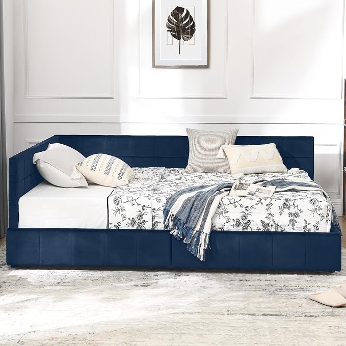 Full Size Corner Bed Frame with Storage Drawers, Comfortable Backrest and Armrests, Velvet Tufted Corner Bed Frame Full Size, Upholstered Daybed for Bedroom, Living Room, Guest Room, Dark Blue