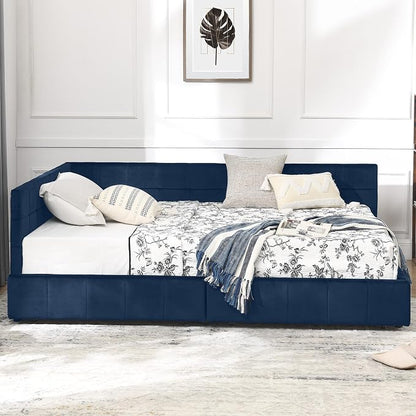 Full Size Corner Bed Frame with Storage Drawers, Comfortable Backrest and Armrests, Velvet Tufted Corner Bed Frame Full Size, Upholstered Daybed for Bedroom, Living Room, Guest Room, Dark Blue