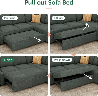 HONBAY Modular Sectional Sleeper Sofa with Pull Out Bed, Corduroy L Shaped Couch with Storage, Sectional Couches for Living Room, Green