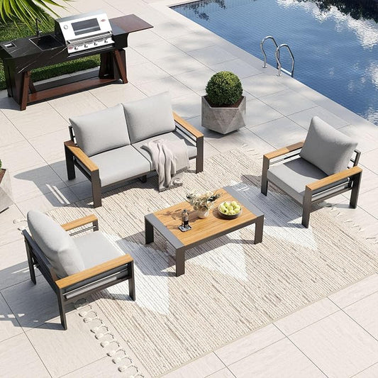 Aoxun Patio Furniture Set, 4 Piece Aluminum Patio Sets with 5" Thicken & Washable Cushion, Waterproof Outdoor Furniture with Coffee Table, Outdoor Couch Sectional for Backyard, Porch and Garden